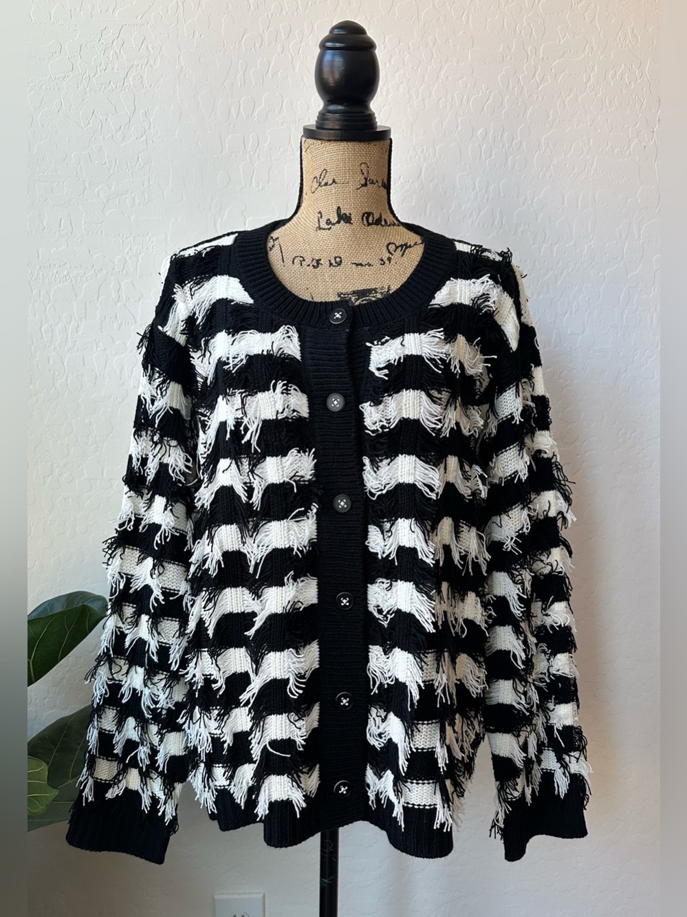 NWT Liverpool Los Angeles Black and White Fringe Stripe Cardigan Size 2X